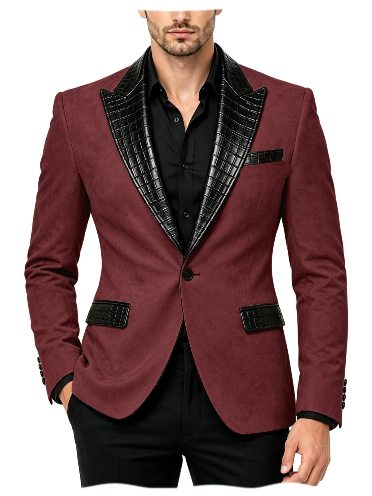 Men's Suede Slim Fit Blazer Jacket Crocodile Pattern Lapel Design Suit Coat Formal Business Prom Wedding Party Tuxedo Outerwear