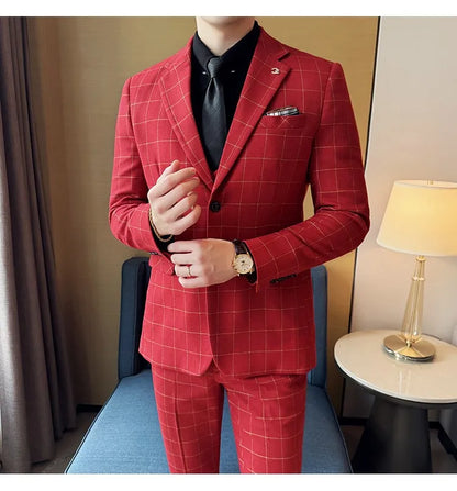 Men's 3-Piece Slim Fit Plaid Suit – Jacket, Vest & Pants for Weddings, Office & Formal Occasions