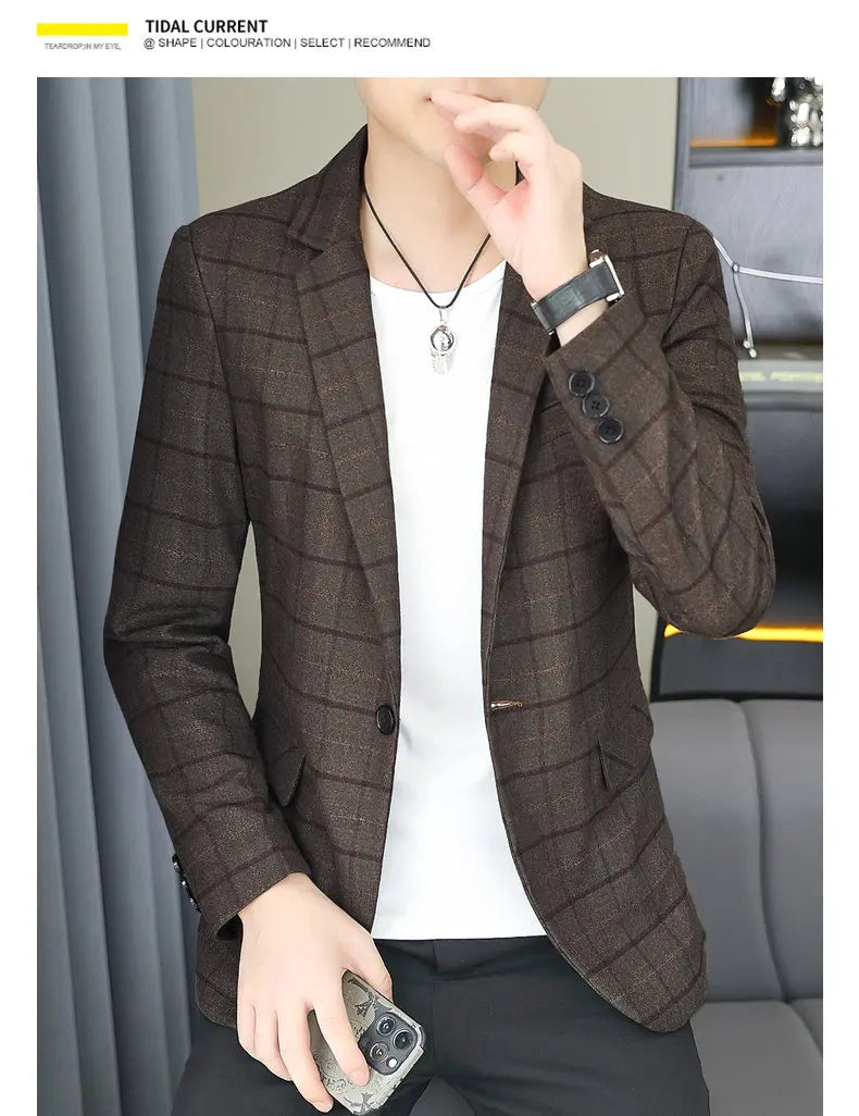 2026 Blazer Outdoor Men's Checked Fashion Business Trend Wedding Slimming Gentleman Casual Korean Travel High Formal Wear Blazer