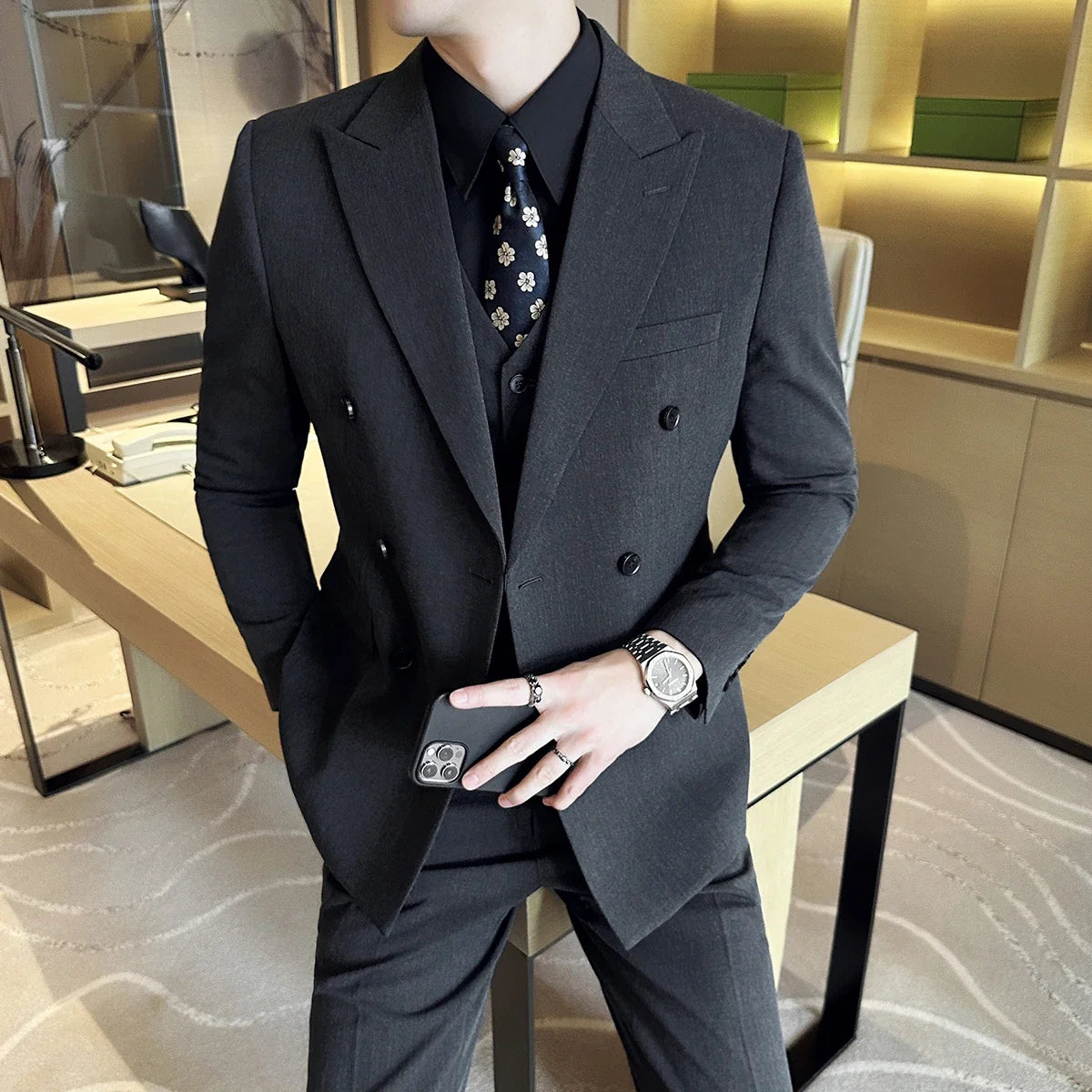 Men's Double Breasted Suit Set – Slim Fit Blazer, Vest & Pants for Wedding & Business