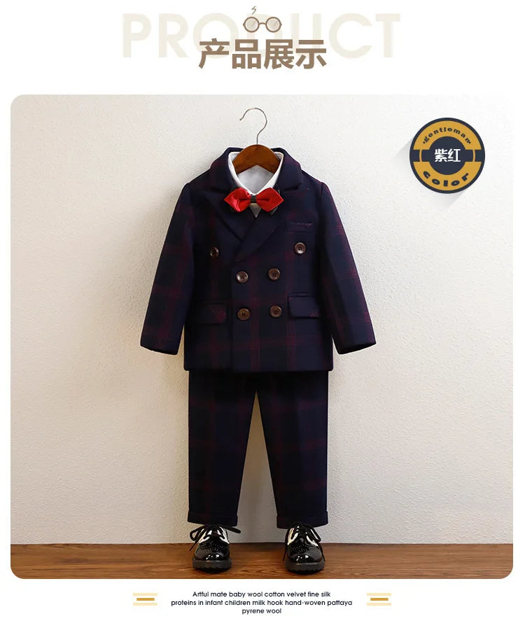 Boys Plaid Double Breasted Tuxedo Set – 4-Piece Formal Suit for Weddings & Special Occasions