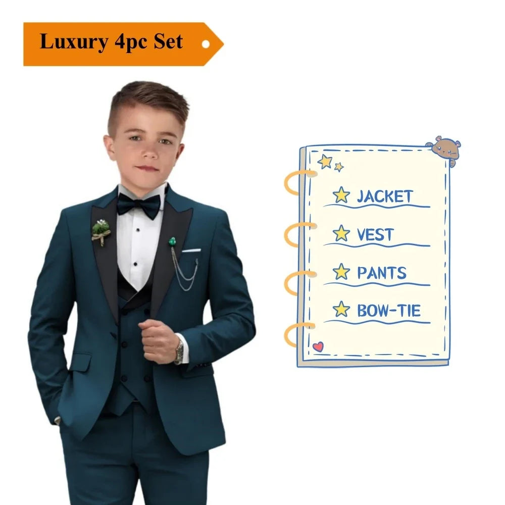 Boys 4-Piece Formal Suit Set – Single Breasted Peaked Lapel Kids Tuxedo for Weddings & Special Occasions