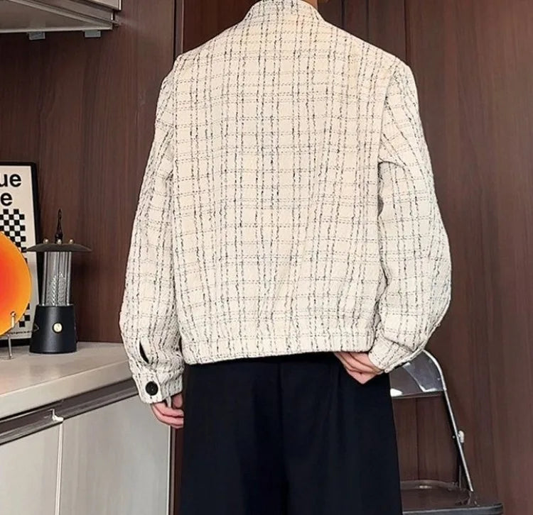 Men's Spring High-End Plaid Blazer Bad Boy Style Cropped Jacket Chinese Stand Collar Suit Outerwear