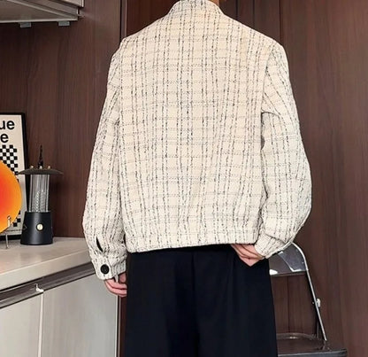 Men's Spring High-End Plaid Blazer Bad Boy Style Cropped Jacket Chinese Stand Collar Suit Outerwear