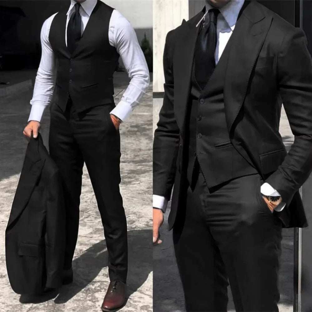 3PCS Men's Formal Tuxedo Set with Peaked Lapel Blazer Vest Pant Fashion Business Suits For Party Wedding Groom