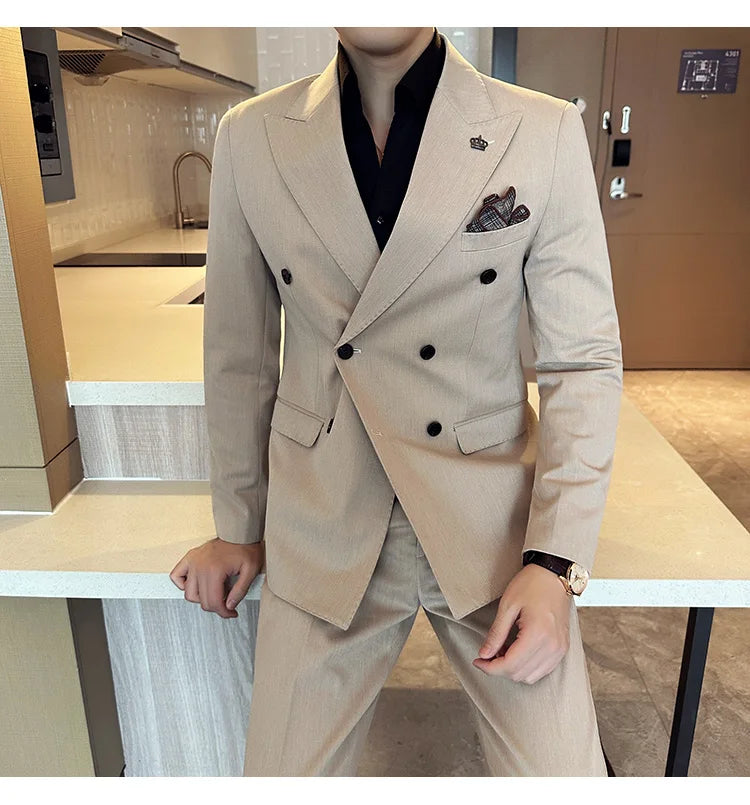 (Blazer + Trousers) Fashion Double Breasted Design Slim Men's Suit Italian Style Luxury Wedding Social Party Tuxedo 2 Piece Set