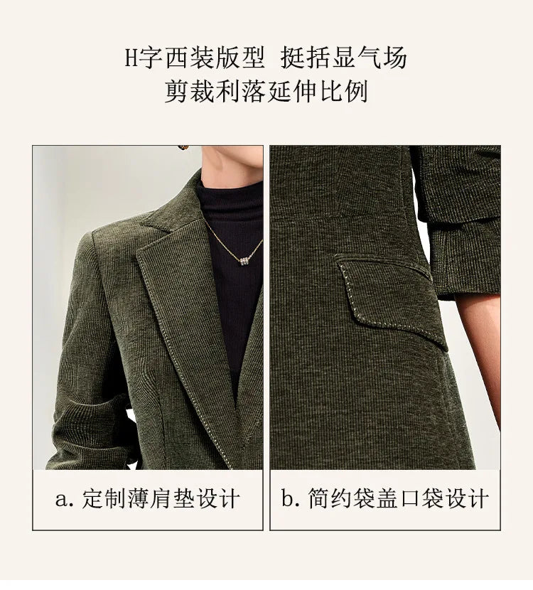 2024 Autumn New Corduroy Elegant Pant Suit Ladies Formal Business Work Wear 2 Piece Set Green Wine Jacket Blazer And Trouser