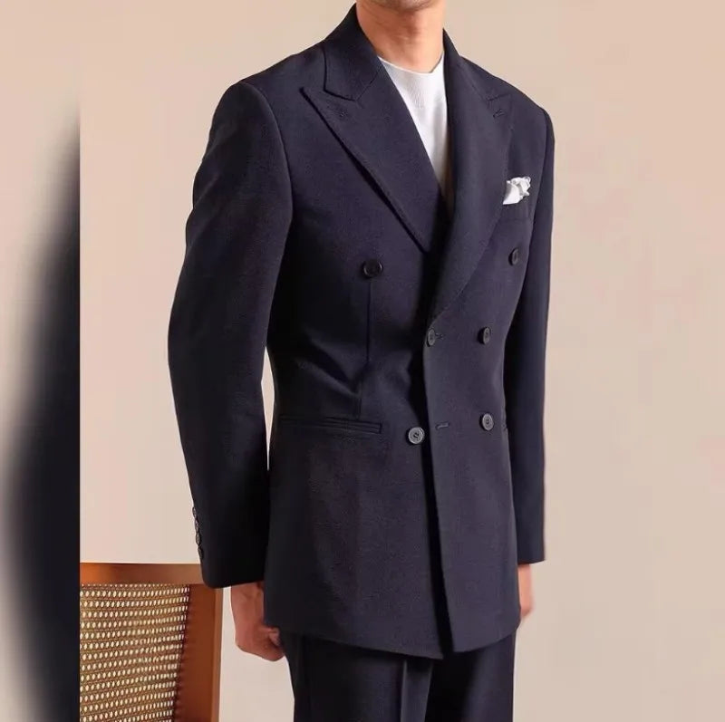 Men Gentleman Style Business Casual Blazers Suits Two Button Double Breasted Jacket Match Set Slim Fit Full Length Pant Outfits