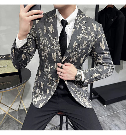 High-end Luxury Printed Slim Fit Suit Jacket For Men 2024 Autumn New Fashion Social Party Casual Suit Coat Swallowtail 4XL-M