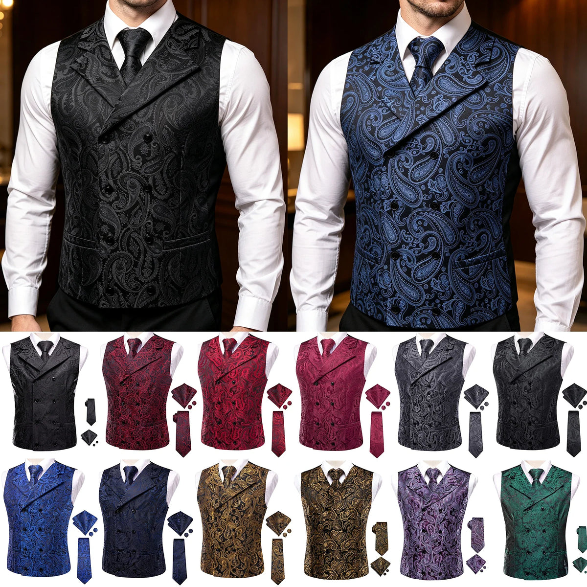 Men's Suit Vest Set Paisley Jacquard Double Breasted for Weddings and Formal Events