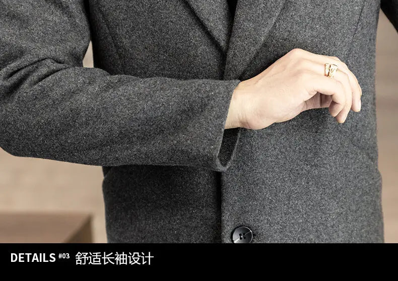 High-quality men's fashionable and stylish mid-length solid color woolen and cotton thick coat for autumn and winter