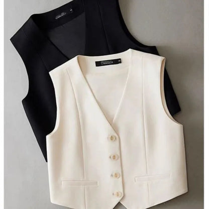 Women Fashion White Black Suit Vest New Short Style Sleeveless Jacket Office Lady V-Neck Casual Lined Blazers Vest Waistcoat