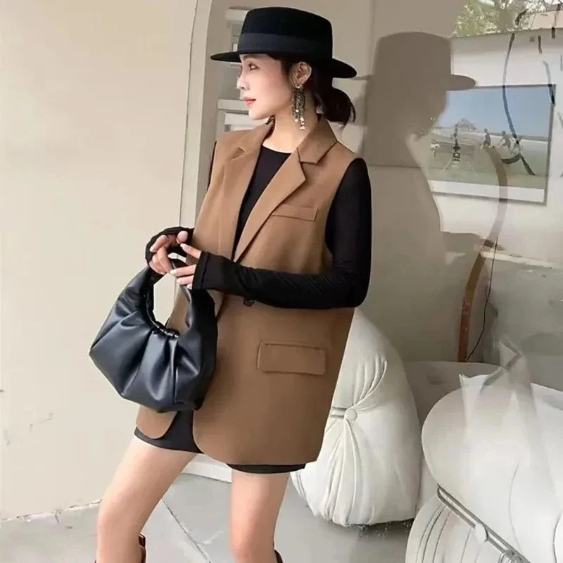 Vintage Sleeveless Suit Vest Fashion Casual Lapel Suit Waistcoat 2025 Summer Women Office Double Breasted Split Back Outwear