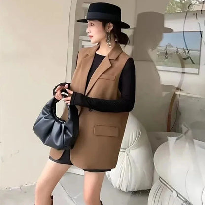 Vintage Sleeveless Suit Vest Fashion Casual Lapel Suit Waistcoat 2025 Summer Women Office Double Breasted Split Back Outwear