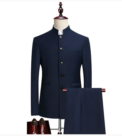 Men's Smart Casual Suit Set – Mao Collar Slim Fit Blazer and Pants for Weddings and Business