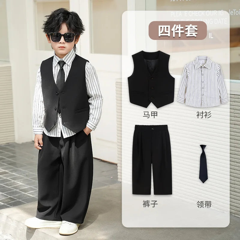 School Boys Double Breasted Blazer Suit Set with Wide Leg Pants Formal Streetwear Outfit for Kids Toddlers Wedding Birthday Part