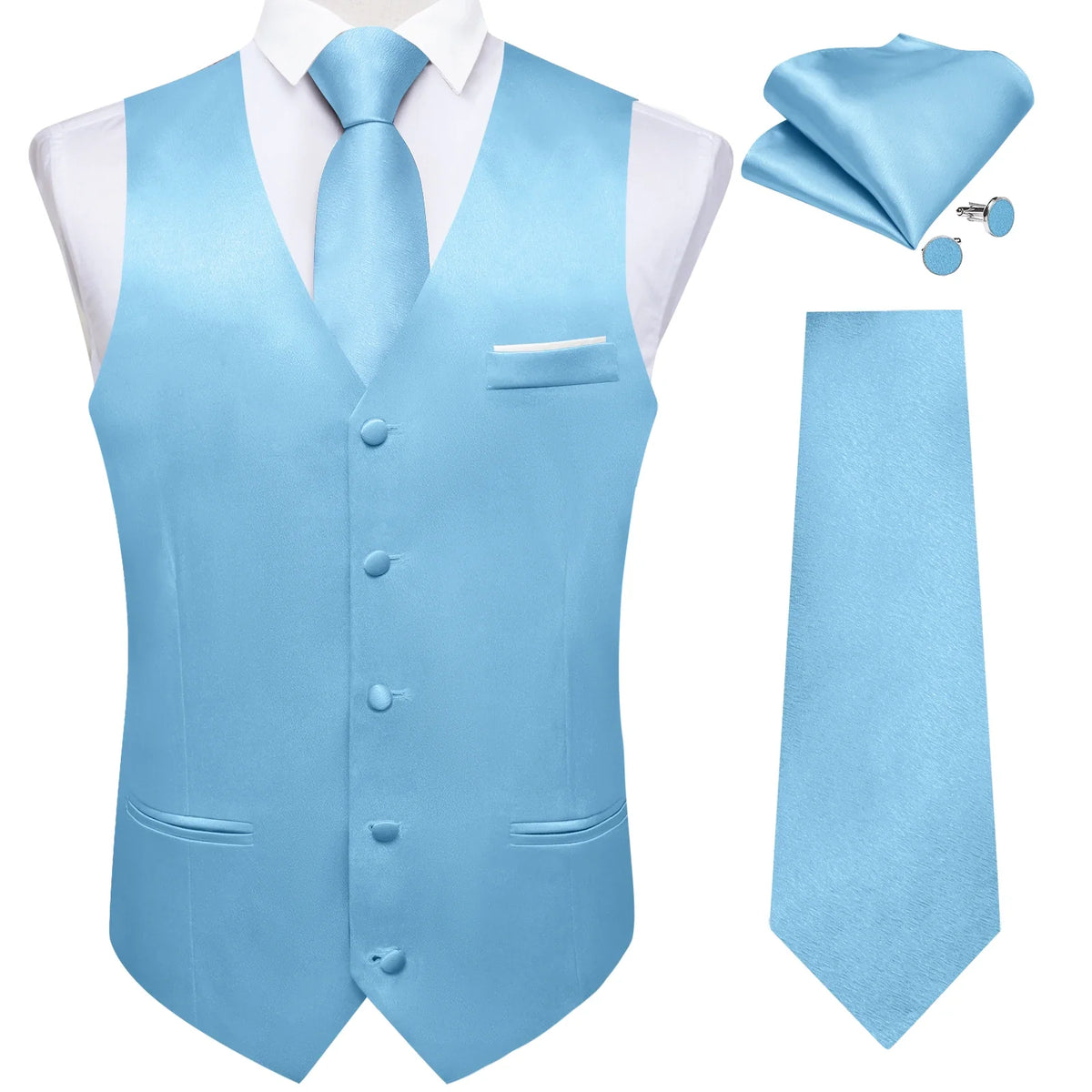 Men's Satin Suit Vest Set with Tie Handkerchief and Cufflinks for Wedding and Prom