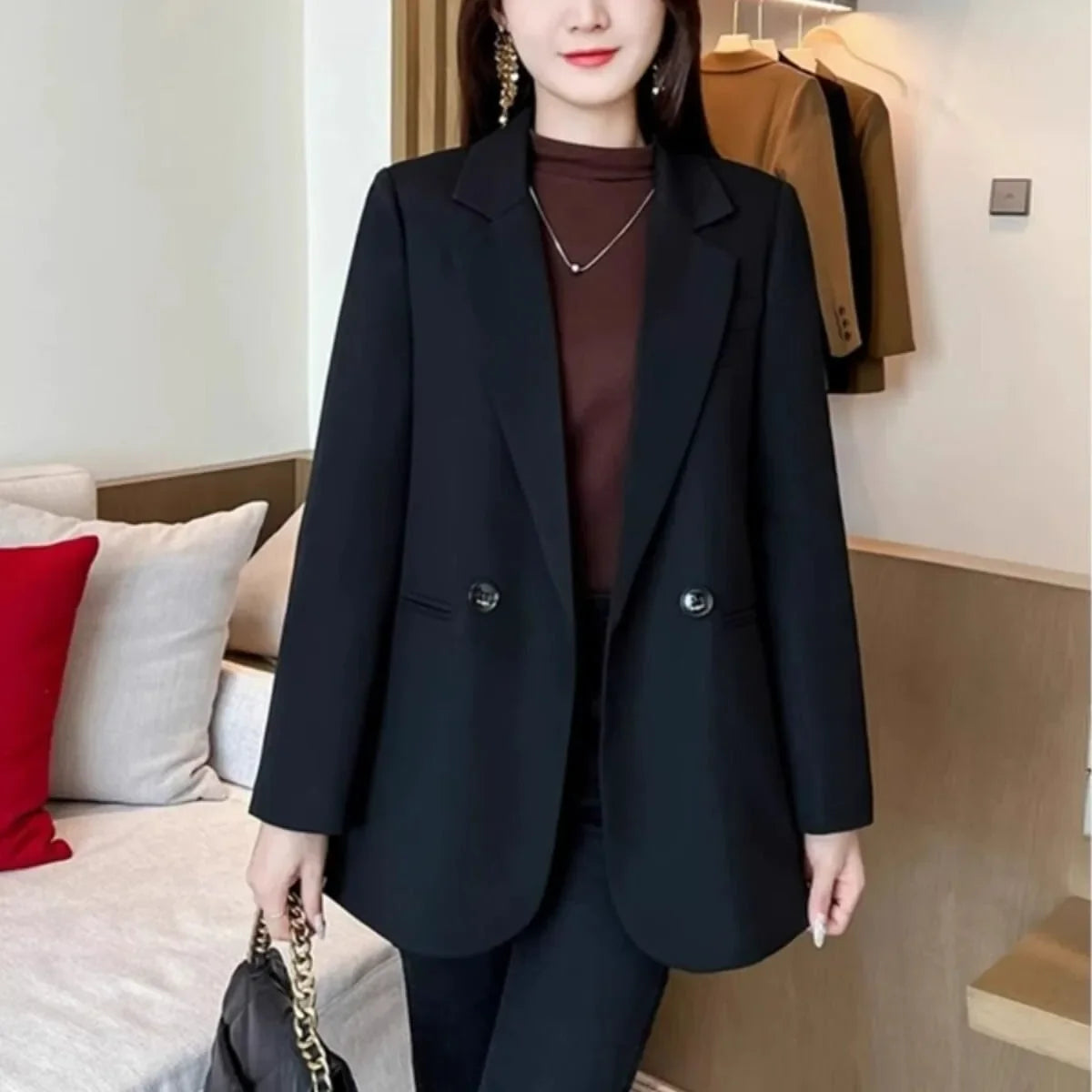 Women's Short Suit Jacket Thickened Cotton Korean Style Long Sleeve Daily Wear Polyester Fiber Short Length Mid-Length