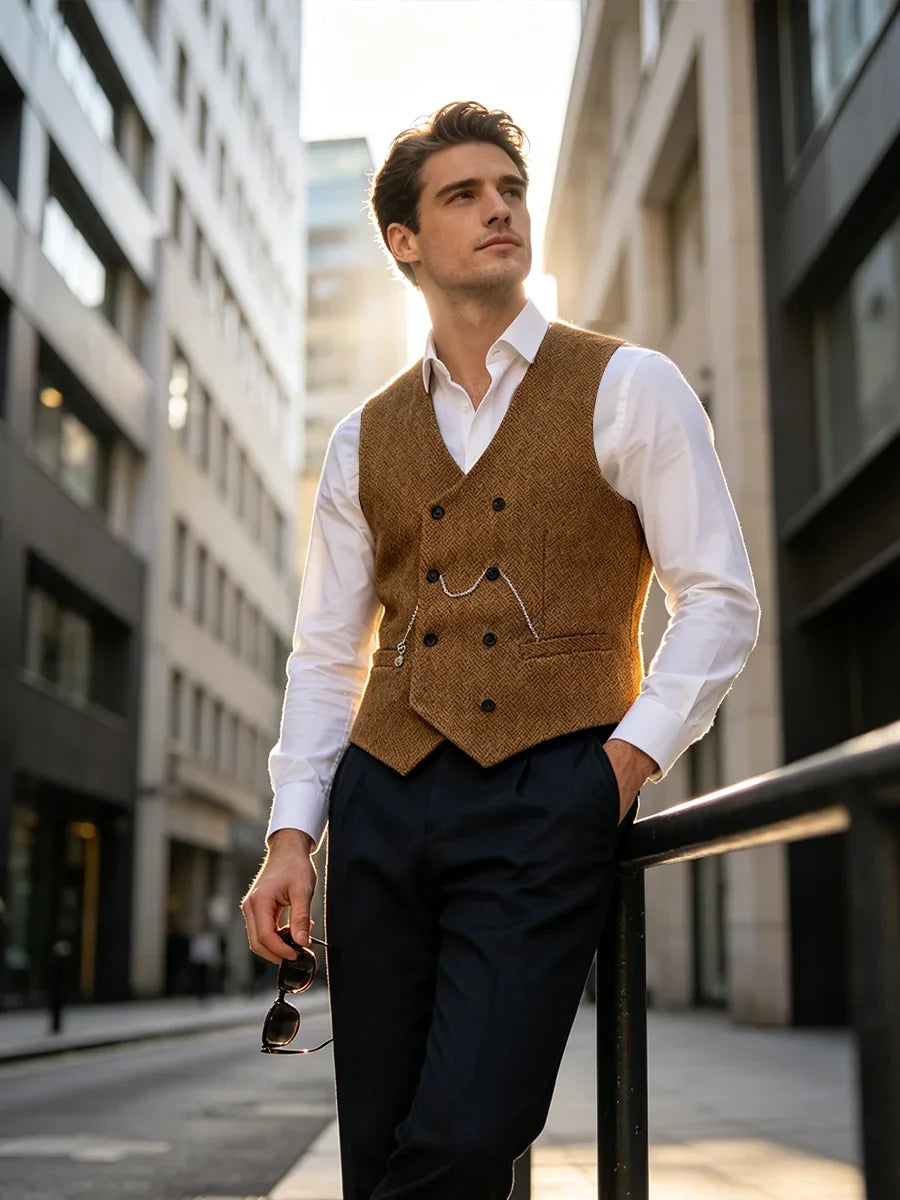 Men's Herringbone Suit Vest Double Breasted Waistcoat for Weddings and Business