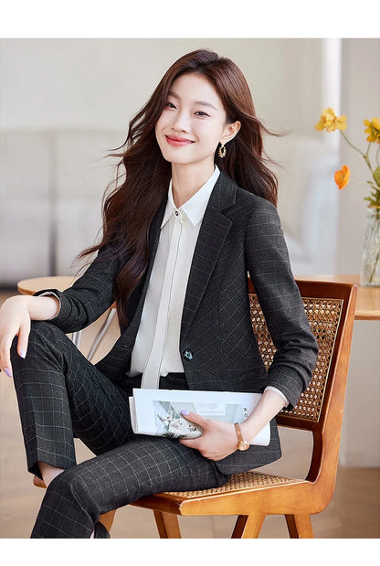 2024 Spring Autumn New Retro Plaid Elegant Blazer Coat And High Waist Pencil Pant Two Piece Set Women's Suit Business Clothing