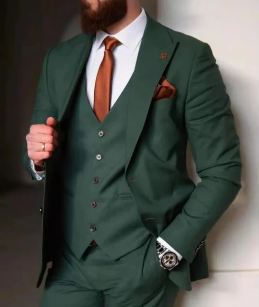 Dark Green Men's 3 Pieces Wedding Suit Single Breasted Peak Lapel Blazer Vest Pants Business Groom Dinner Daily Groom Tuxedos