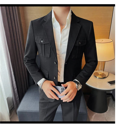 Winter Woolen Suit Jacket for Men Multiple Pockets Slim Fit Casual Business Blazers Masculino Wedding Streetwear Social Coats