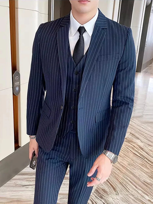 Men's 3-Piece Slim Fit Formal Suit – Striped Business & Wedding Tuxedo