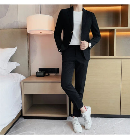 2025 New Waffle Blazers +Pant 2 Piece Set Men Fashion Business Slim Fit Solid Tuxedo Groom Wedding Prom Wear Casual Men's Sets