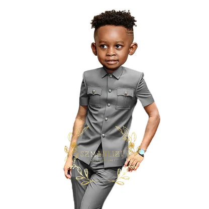 Boys Suit Black 2 Pieces Short Sleeve Party Tuxedo Formal Wedding Kids Clothes Indian Style Blazer Pants 2-16 Years Old