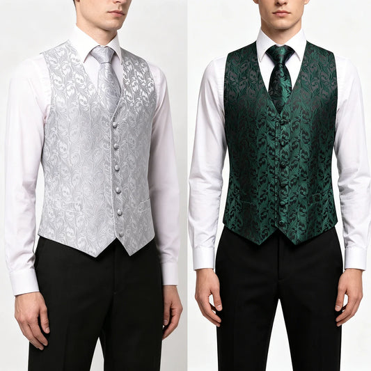 Men's Formal Vest Set with Necktie Handkerchief and Cufflinks for Weddings and Formal Occasions
