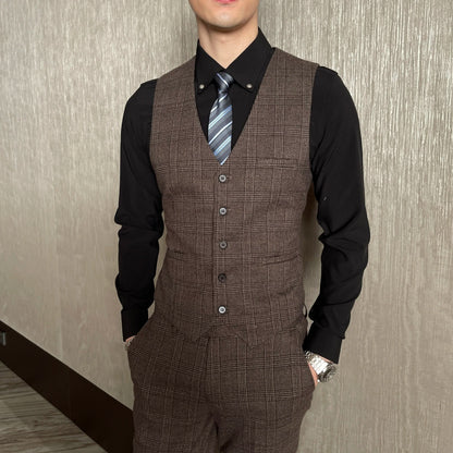 Ensemble costume trois pièces à carreaux modifié de haute qualité de style coréen britannique pour hommes - Gilet et pantalon de costume décontracté élégant