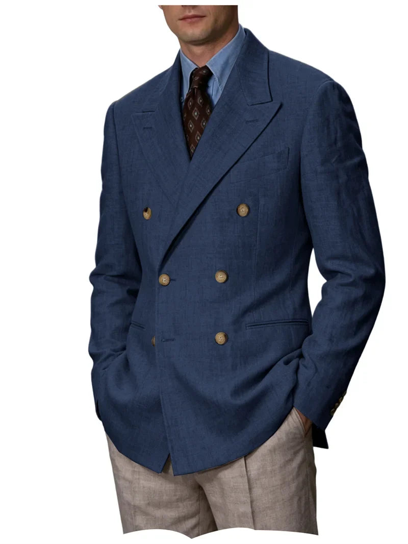 Men Linen Blazer Double Breasted Jacket Lightweight Soft Slim Coat For Business Wedding Casual Daily Party Vacation Dating