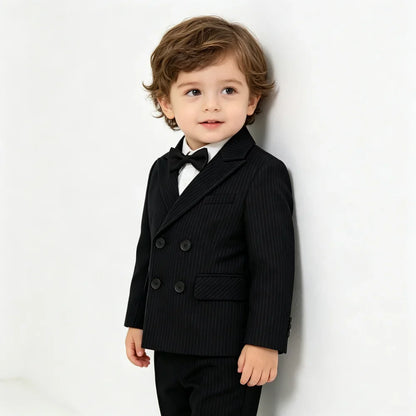 Boys Stripe Wedding Suit Set Kids Gentleman Costume Blazer Vest Pants Bow Tie Outfit for Banquet Christening Formal Party