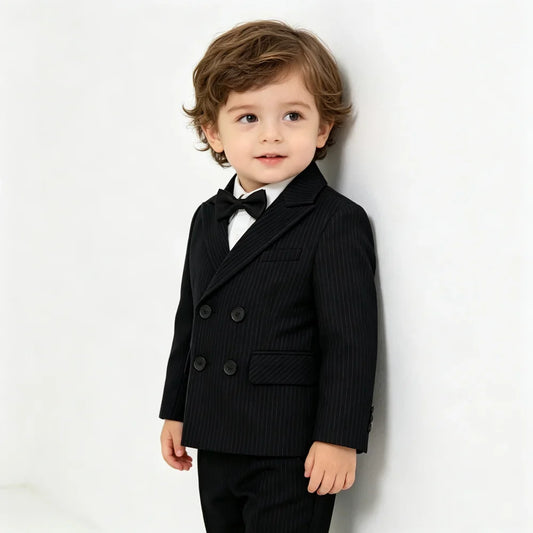 Boys Stripe Wedding Suit Set Kids Gentleman Costume Blazer Vest Pants Bow Tie Outfit for Banquet Christening Formal Party