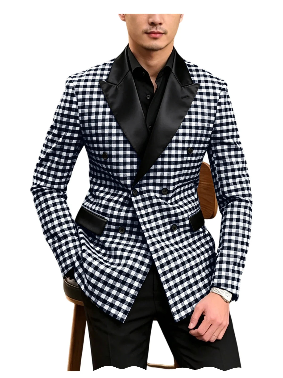 Men's Checkered Double Breasted Blazer Tailored Slim Fit Formal Jacket For Wedding Groom Cocktail Event Prom Dinner Party Coat