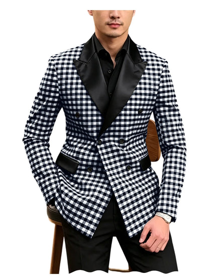 Men's Checkered Double Breasted Blazer Tailored Slim Fit Formal Jacket For Wedding Groom Cocktail Event Prom Dinner Party Coat