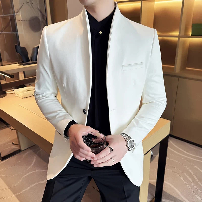 High Quality Cowhide Suede Suit Coats Men Fashion Slim Fit Stand Up Collar Business Casual Jacket Formal Groom Social Tuxedos