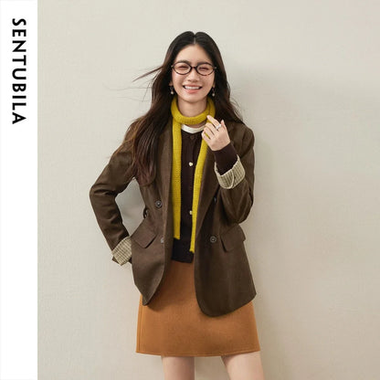 Women's Suede Casual Blazer Notched Lapel Loose Mid Length Outerwear 2026 Autumn New Brown Ladies Coat W63XC8300