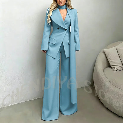 Classic Black Women Suit Set Double Breasted Asymmetrical Blazer Pants with Muffler Formal Office Elegant Two Piece Outfit