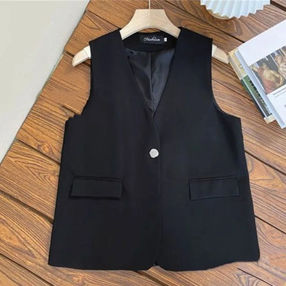 Feminine V-neck Blazer Waistcoat Tops Coat Korean Women Fashion Leisure Suit Vest Outerwear Spring Autumn Ladies Solid Color Sle