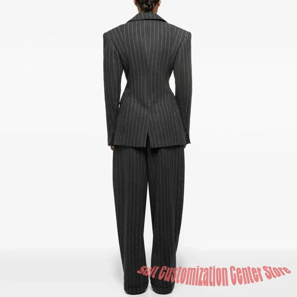 Luxury Women's Dark Gray Woolen Pinstripe Clothes Double-Breasted 2 Piece(Jacket+Pants) Suit Set Formal Evening Party Outerwears