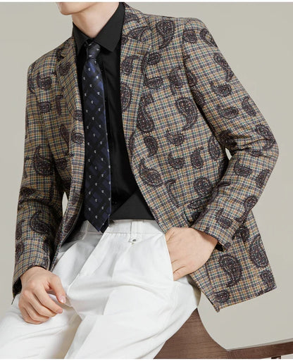 Autumn Winter Cashew Plaid Suit Jacket Men Fashion Casual Embroidered Jacquard Suit Jackets Business Social Party Men Blazers