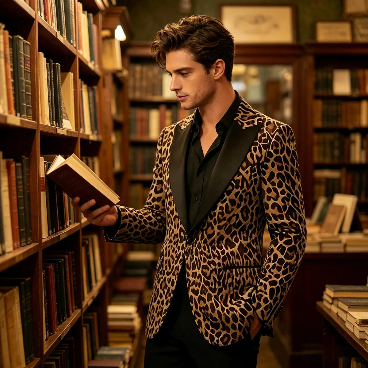 Men's Leopard Print Tuxedo Blazer Satin Lapel Slim Fit One Button Suit Jacket Party Club Stage Wedding Dinner Formal Coat