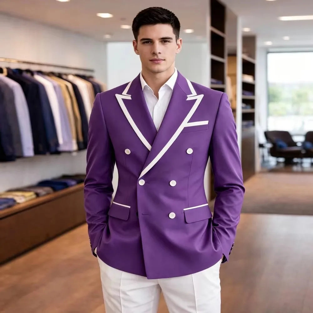 New Fashion Double Breasted Jacket for Men Peak Lapel Slim Fit Suit Blazer for Prom Party Wedding Business One Coat