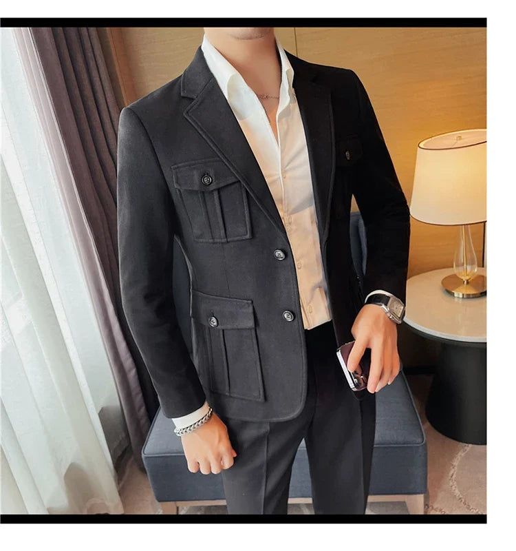 Winter Woolen Suit Jacket for Men Multiple Pockets Slim Fit Casual Business Blazers Masculino Wedding Streetwear Social Coats