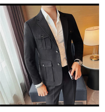 Winter Woolen Suit Jacket for Men Multiple Pockets Slim Fit Casual Business Blazers Masculino Wedding Streetwear Social Coats