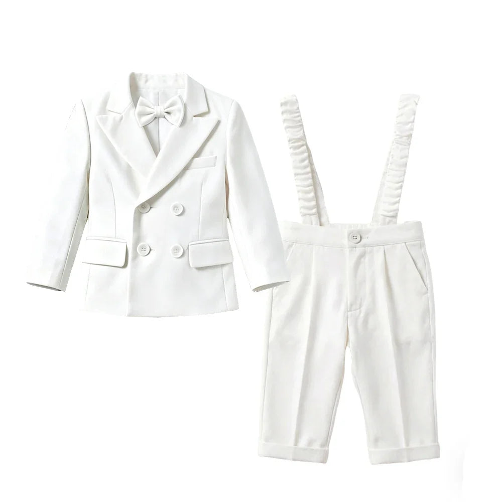 Boys White Wedding Suit Set Kids Formal Double‑Breasted Blazer Bow Tie Pants Outfit Toddler Party Christening Gentleman Costume