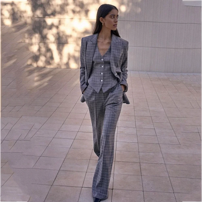 Grey Plaid Women Suits Formal Office Lady Single Breasted Peak Lapel Blazer Vest Pants Straight Business Casual Female Outfit