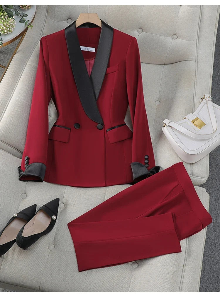 Autumn New Women's Pants Suit 2 Piece Clothing Set Elegant Chic Color Block Blazer Jacket and Trousers Sets Red Formal Work