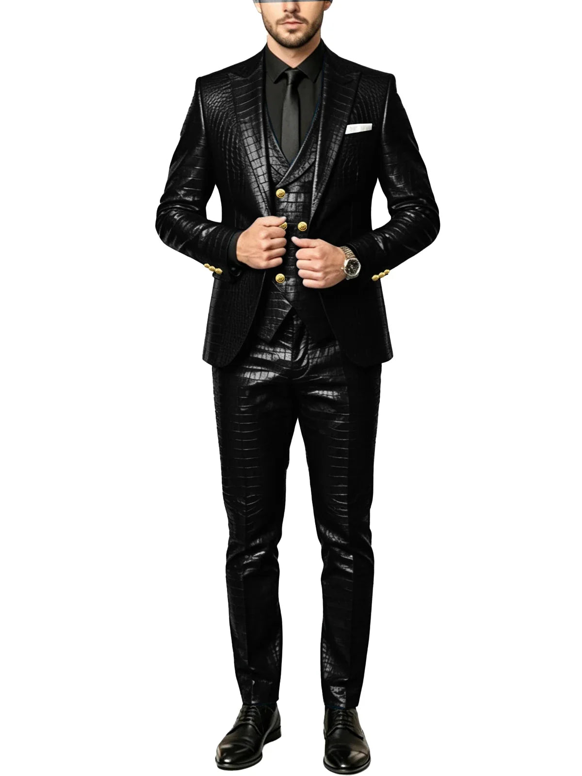 Men's 3 Piece Suit Crocodile Pattern Prime PU Leather Single Breasted Gold Buttons Slim Fit Wedding Dinner Party Formal Outfit ﻿
